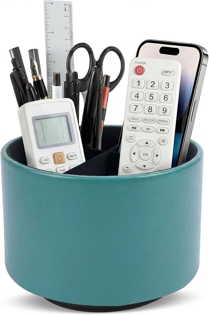 Hennaja Round Leather Art Supply Organizer,Remote Control Holder,360 Degree Spinning,Multi-Functional Pencil Holder,4 Compartments Desktop Stationary Organizer(1-Sheep Green)