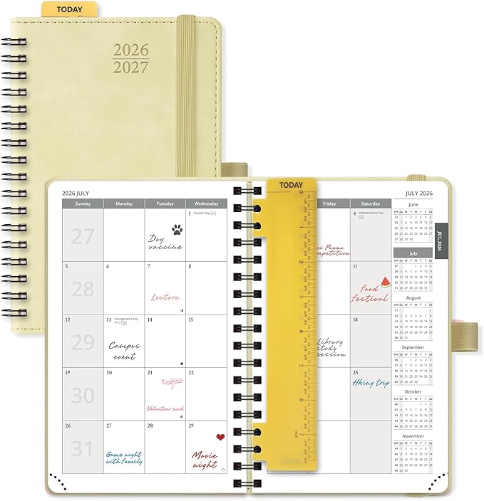 POPRUN 2026-2027 Monthly Planner, Small 4" x 6.25", 18 Month Calendar Agenda (July 2026 - December 2027) with Expense Tracker, Notes Pages, Sprial Bound, Leather Softcover - Beige