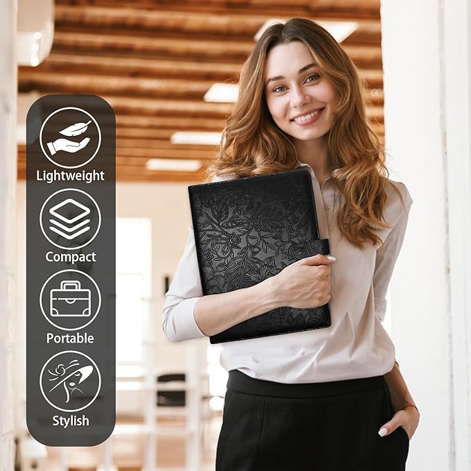 Professional Padfolio Portfolio Binder, Textured Embossing Faux Leather Folder Organizer for Letter Size Legal Pad Notepad Resume, Card Holder for Women Men Business Office Conference (Black)