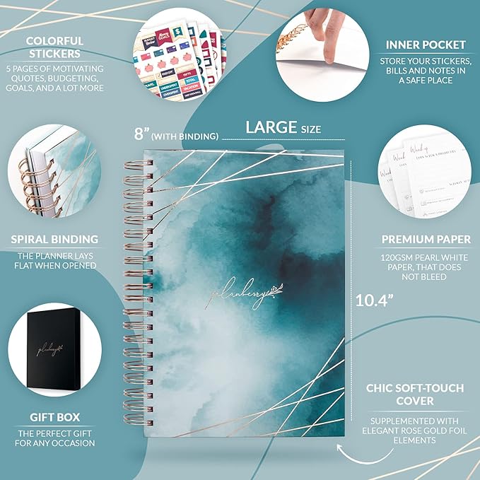 PLANBERRY Large Weekly Planner Premium – Undated Life & Budget Planner – Organizer & Productivity Journal, 8x10.4″ (Ocean Depths)