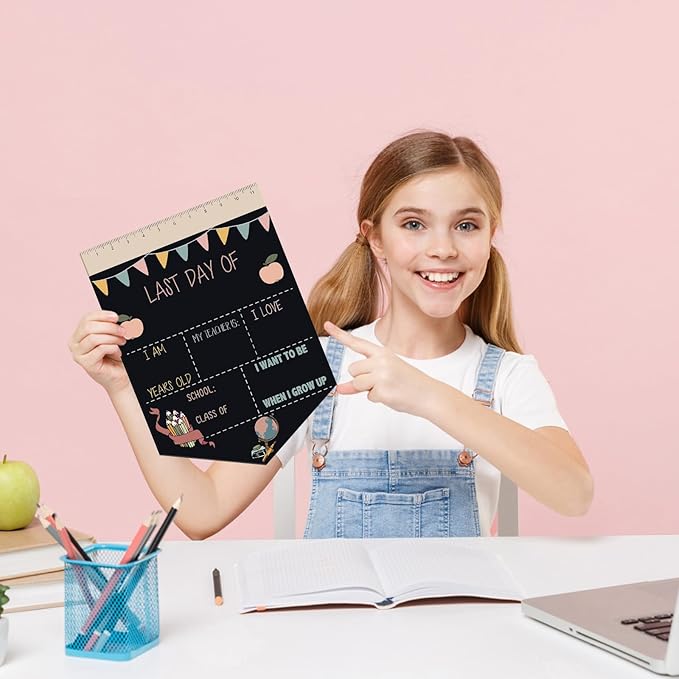 First and Last Day of School Chalkboard Sign 13.8 x 10 Inch Reusable Double Sided First Day of School Sign for Graduation Kids Preschool Kindergarten (Flags Pastel Style)