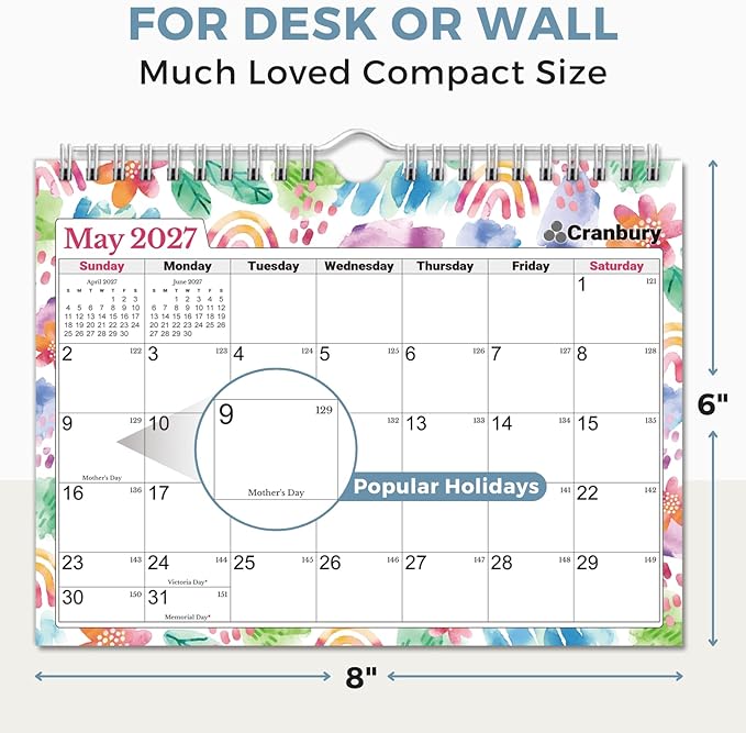 CRANBURY Wall Calendar 2026-2027, 8x6", 18 Months Jul. 2026 to Dec. 2027, Thick Paper, Premium Quality, Small Desk & Wall Planner for Office, School, Mini Monthly Hanging Calendar with Stickers