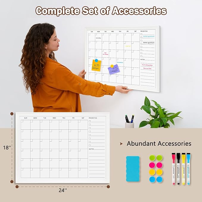 DOLLAR BOSS Magnetic White Board Calendar 24''x 18'', Monthly Dry Erase Planner for Wall with White Wood Style Frame for Office, School, Dorm, Home Decor