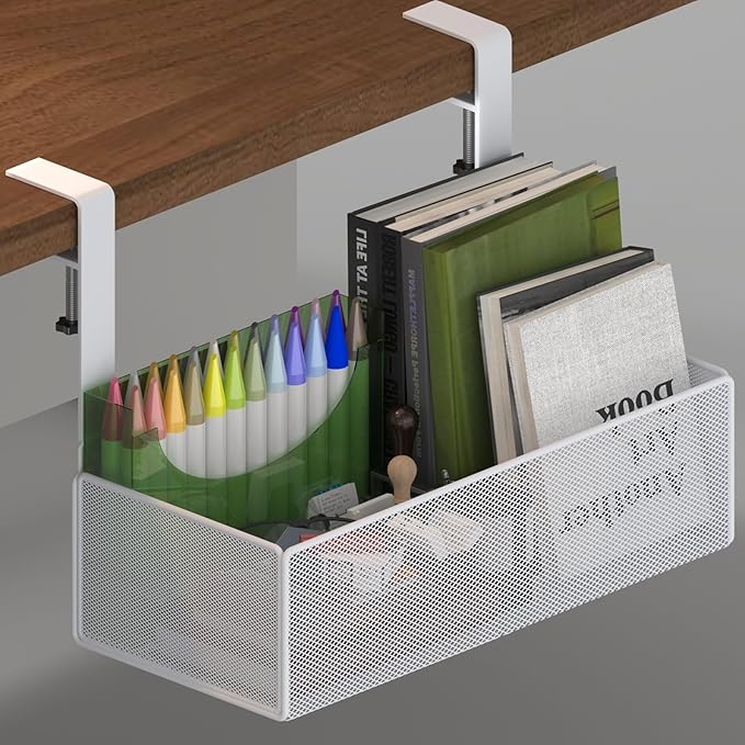 orbixa Under Desk Storage Organizer Clamp-On,Mesh Metal 3-IN-1 Desk side storage - Use on desk,under table or as a hanging wall organizer for office supplies & home& school essentials (white color)