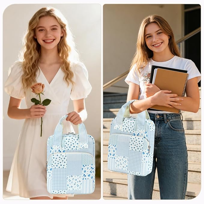 DSIUE Kids Bible Cover Case Gilrs Corduroy Bible Carrying Case Book Holder/Carrier/Bag with Handle and Pockets, Blue Patchwork Floral