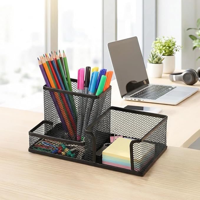 Lemecima 8 Pcs Pen Holder for Desk Mesh Metal Pencil Holders Pen Cup Marker Desk Caddy with Sticky Notes Organizer for Office Supplies Workspace Home, Black