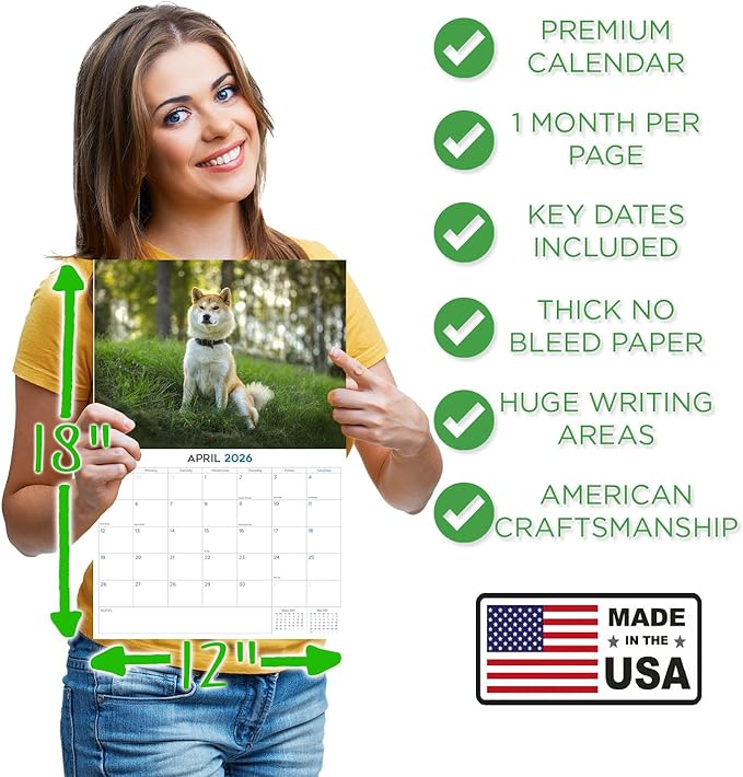2025 2026 Shiba Inu Calendar - Dog Breed Monthly Wall Calendar - 12" x 18" Open - Thick No-Bleed Paper - Giftable - Academic Teacher's Planner Calendar Organizing & Planning - Made in USA