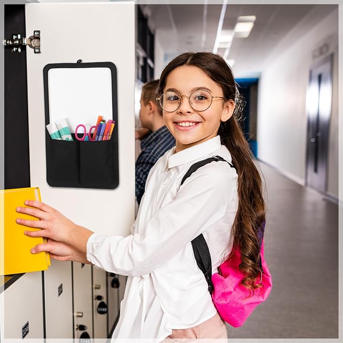 Briwooody Magnetic Locker Organizer 7.8 x 12.6 Inch Locker Accessories Magnetic White Board with Holder Bag Back to School Holder Bag First Day of School Supplies for Cabinet Refrigerator(Black)
