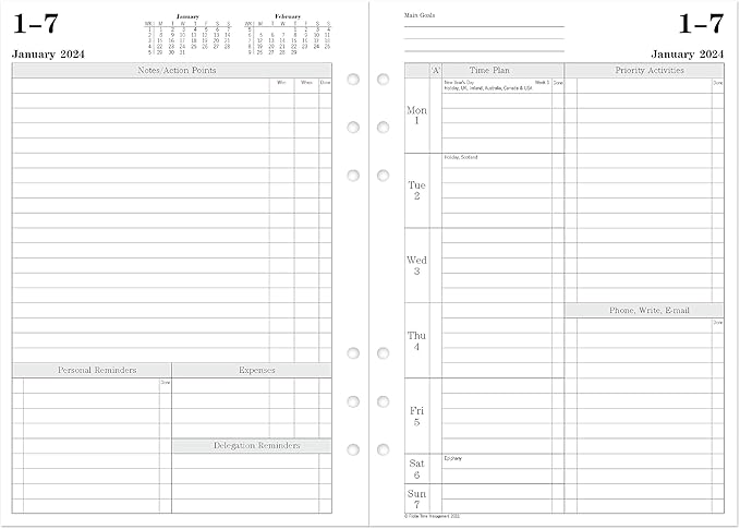 Filofax Calendar Diary Refill, A5 Size, Week-to-View with Appointments, Time Management, White Paper, Ruled, English, 2024 (CTM7051-24)