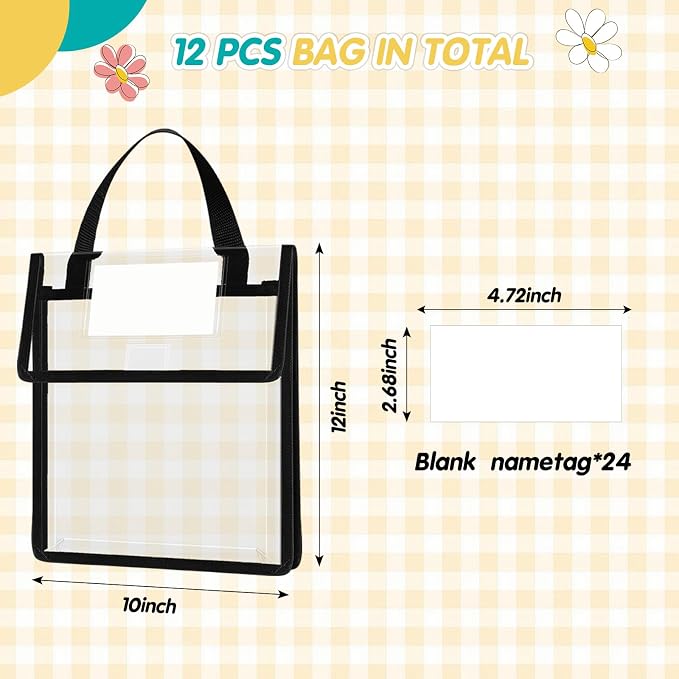 Teling 12 Pack 10 x 12 Inch Clear Book Pouches with Handles and Name Tags, Heavy Duty Reusable Library Book Bags for Classroom, Students Kids and Teacher Supplies (Black)