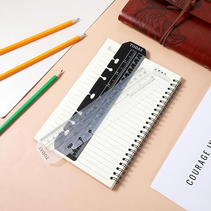 4 Pack A5 6 Holes Page Marker Ruler, Notebook Ruler Pouch Pagefinder Measuring Rulers Plastic Binder Rulers DividerRuler, A5 Measuring Tools Set for Notebooks, 8.7x1.8 Inch, Black Transparent