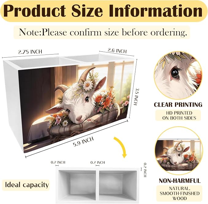 Farmhouse Floral Goat Pen Holder for Desk, Goat Lover Gifts Pencil Organizer, Rustic Cottagecore Lamb Wooden Box Sign Desk Decor for Home Office Decoration