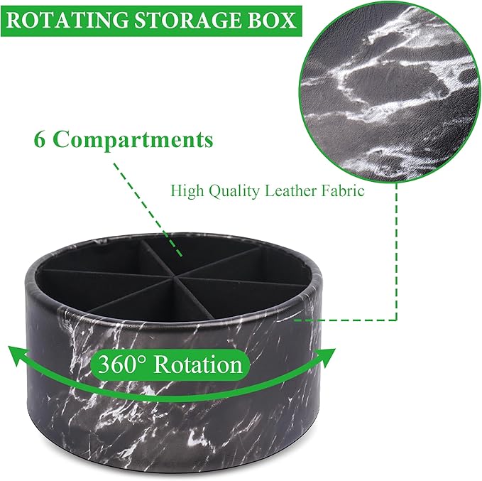 Remote Control Holder, 360°Spinning PU Leather Desk TV Remote Caddy,Desk Storage Box Room Accessories for Controller, Media,Mail,Calculator, Mobile Phone,Pencil(1-Big Marble Black)
