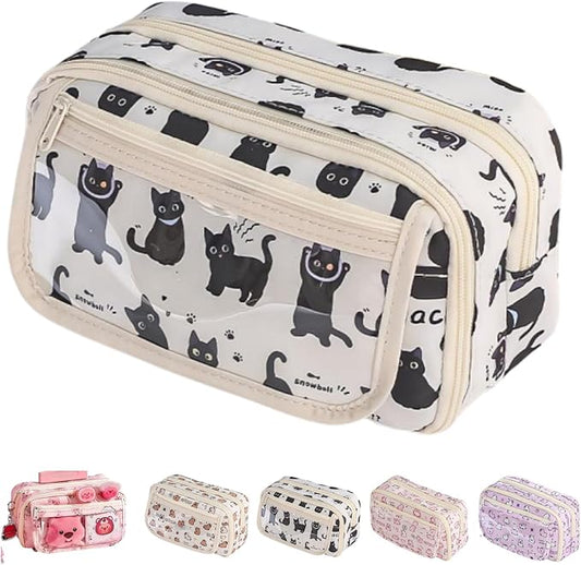 Cute Kawaii Pencil Case Pouch Cartoon Pen Box Holder Organizer for Office Workspace Supplies Desk Accessories Travel Essentials Aesthetic Trendy Cool Stuff Gift Large Capacity (Black Cat)