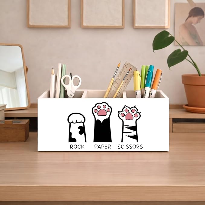 Cat Paw Desk Organizer, Wooden Pen Holder, Rock Paper Scissors Design, Cute Desk Storage for Pens, Markers, Scissors, Rulers – For Cat Lovers, Students, Teachers