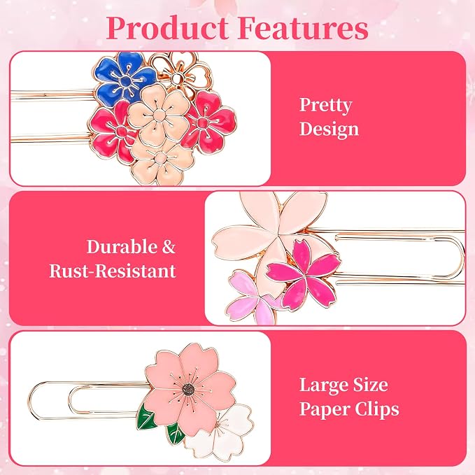 7 Pcs Cherry Blossom Cute Paper Clips, Pretty Book Decorative Paper Clips, Exquisite Rose Gold Metal Paper Clip with Unique Cherry Blossom Patterns for Bookmark Clamp Desk Stationery Accessories