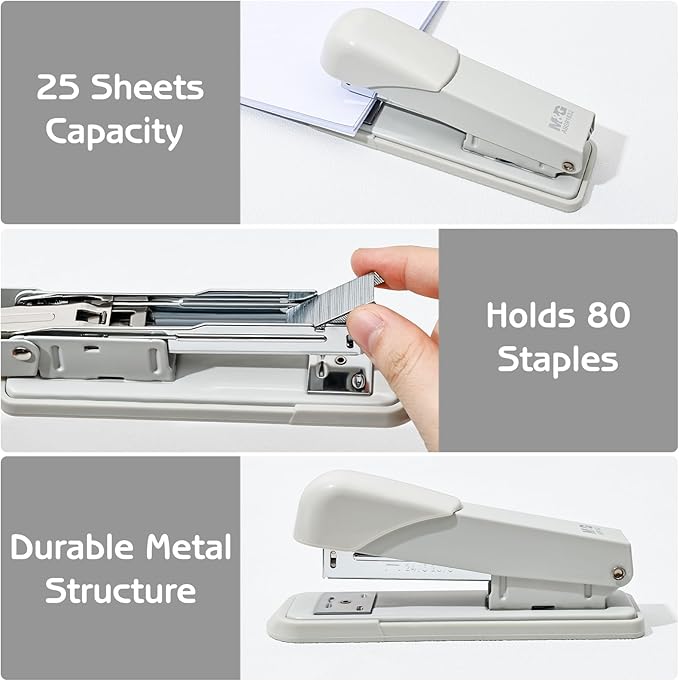 M&G Desktop Staplers, Desk Stapler with 2000 Staples, 25 Sheets Capacity, Metal Office Staplers for School Office Home, No Jam, Non-Slip (Grey)