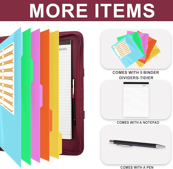 Leathario Portfolio Binder, Includes 5 Folder Index Dividers, 13 Inch Tablets Organizer with Handle, Vegan Leather A4 Padfolio, Multi-Pocket Notepad Business Planner Professional Document