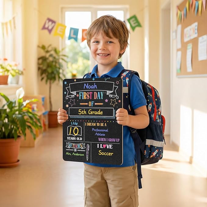 First Day Last Day of School Sign 11x14 Double-Sided Reusable Chalkboard with Chalk Markers - Back to School Gift Photo Prop for Preschool Kindergarten Elementary Kids Memory Keepsake