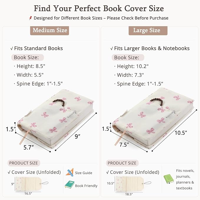 Aplufine Adjustable Fabric Book Cover with Elastic Band, Washable Reusable Book Sleeve for Hardcover Books, Textbooks, Novels & Journals, Book Protector with Pocket & Bookmark,Book Gift