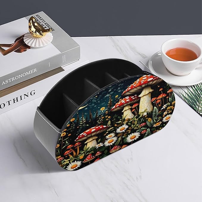 Moon Mushroom Forest Remote Control Holder with 5 Compartment PU Leather Multi Functional Desk Storage for TV Remotes Office Supplies