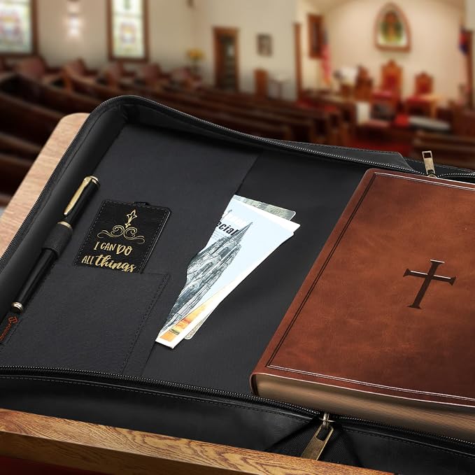 FINPAC Large Classic Bible Cover Vegan Leather Carrying Book Case Church Bag Bible Protective with Handle, Gift for Men, Women, Father, Mother, Friends, Black w/Hot Stamping