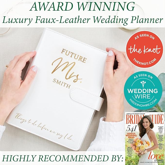 PERSONALIZED Wedding Planner Book and Organizer for The Bride - Faux Leather 'Future Mrs' Wedding Binder I Wedding Planning Book 2026 - 2027 Checklist Journal I Tissue Wrapped w/Stickers, Bookmark & Pen I Engagement Gift