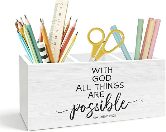 Christian Inspirational Pen Holder for Desk, with God All Things Are Possible Religious Bible Verse Wooden Box Pencil Pen Holder Organizer for Home Office Desk Accessories