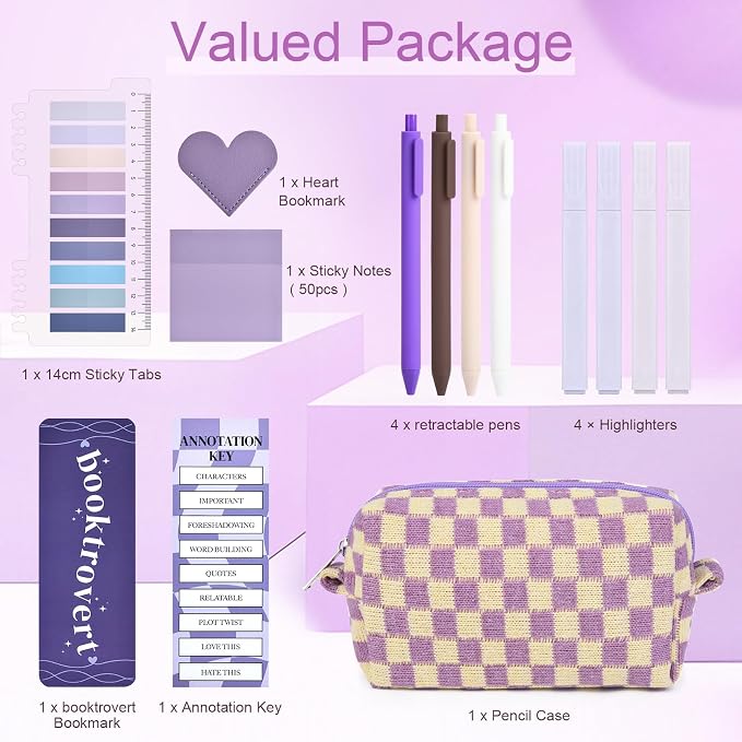 14 PCS Aesthetic Book Annotation Kit Large Checkered Pencil Case Book Lover Bookmark Dual Highlighters Gel Pens Study Supplies Stationary Set for Student Purple