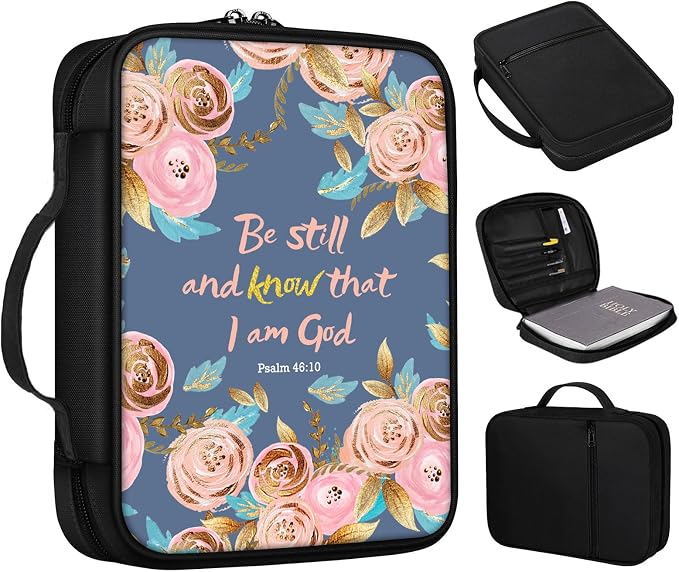 Bible Cover: Be Still and Know Quote Case - Handle, Zippered Pocket, Portable Bible Bag Gift for Women or Church - Standard Size