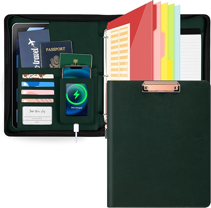 Ospelelf Leather Clipboard with Storage, Zippered Padfolio Portfolio Organizer, 3 Ring Binder 1 Inch, Notepad, Tablet Sleeve, 5 Dividers with Pocket for Office, Nurses,Students, Teachers Green
