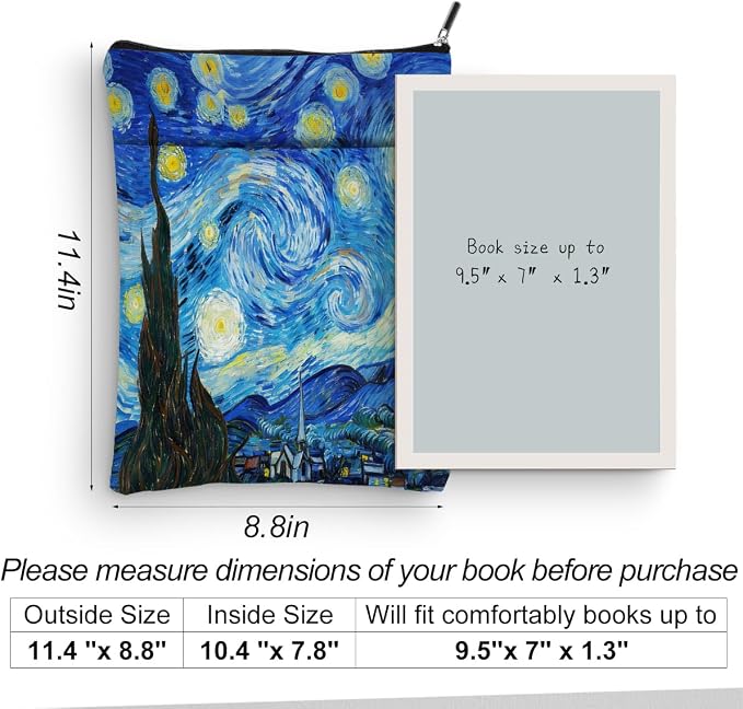 Gogh Starry Night Book Sleeve, Book Lovers Gifts Sleeve with Zipper & Front Pocket, 11.4x8.8 Inch Canvas Books Cover Protector Bookish Gifts for Readers Librarian Women Teacher