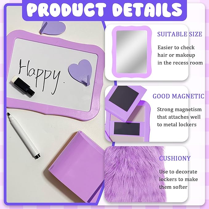 16 Pcs Locker Accessories Kit Purple Locker Organizer Decorations Include Bow Wallpaper String Light Magnetic Whiteboard Mirror Storage Cup Marker Rug Organizing Shelf for Back to School Supply