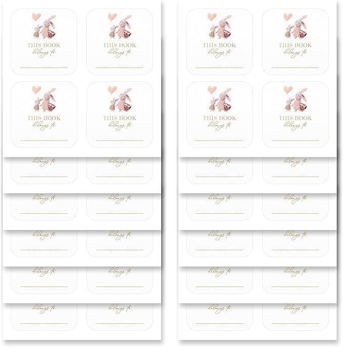 Mobiusea Creation Bunny Design This Book Belongs to Stickers | Bookplates Labels | 2 x 2 Inch | Gold Foil | 60pcs Stickers for Name Plates for Books and Bookplate Labels