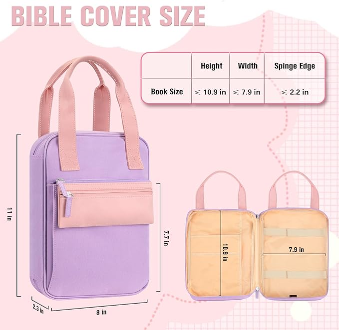 FINPAC Bible Cover Case Tote Bag Water-Resistant Bible Carrying Case Christian Gifts for Church Study Supplies, Purple