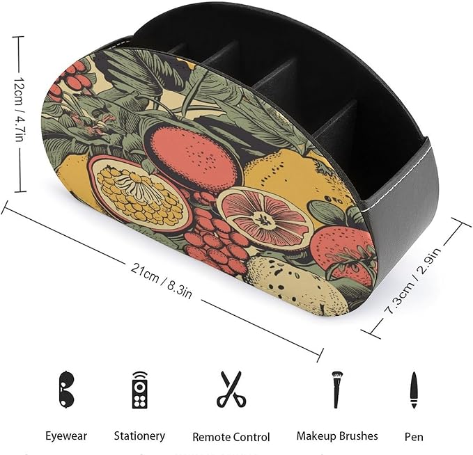Remote Control Holder,Fruits And Leaves Printed PU Leather Remote Caddy Desktop Organizer with 5 Compartments for Media Accessories & Office Supplies Storage