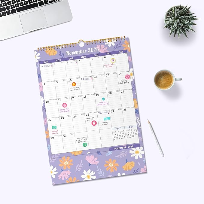 Ospelelf Wall Calendar 2026-2027 with Storage Pocket, 17" X 12" Monthly Large Planner Pad with Protective Cover and Stickers, for Family Fridge Office Teacher Student, January 2026 to June 2027 Ditsy Floral