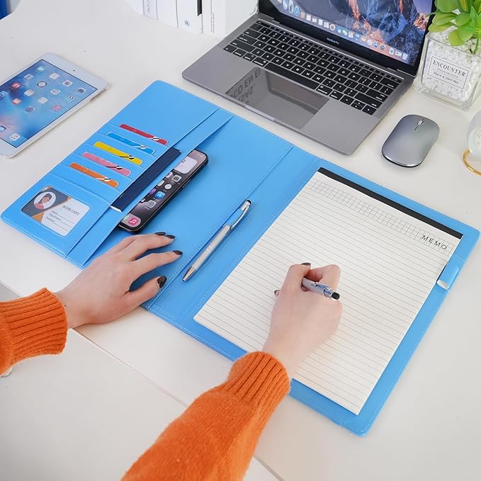Wonderpool A4 PU Leather Clipboard Partfolio Notepad Forms Holders Document Case - Interview Planner Meeting Writing Padfolio File for Office Travel School Hotel (Sky Blue, A4)