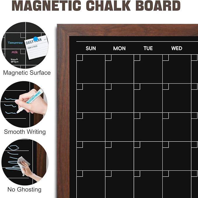 4 THOUGHT Monthly Calendar Chalkboard for Wall, 24" x 18" Magnetic Chalk Board with Rustic Frame, Large Blackboard Planner & Menu Board for Kitchen Home Office School, Includes 4 Markers & 8 Magnets