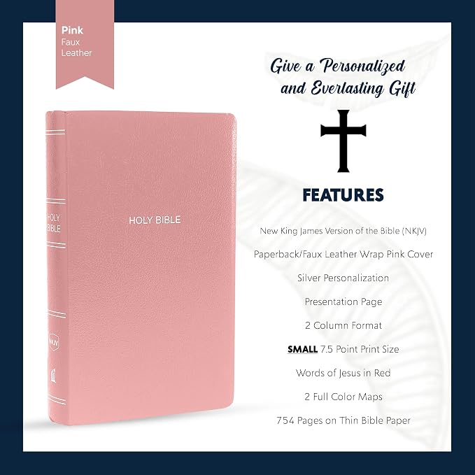 MerchSalad Personalized NKJV Bible New King James Version Faux Leather Holy Bible with Custom Name SMALL PRINT with Red-Highlighted Verses, Custom Gift for Christian & Religious Celebrations | Pink