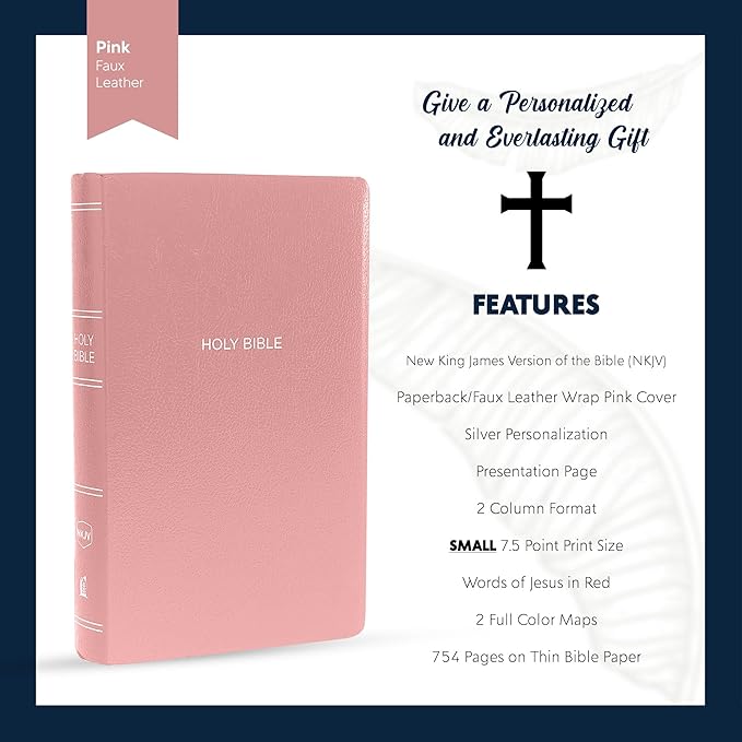 Personalized NKJV Bible Faux Leather Small Print Economy Bible with Custom Name at The Lower Right Side & Red-Highlighted Verses, Custom Gift for Christian & Religious Events | Pink
