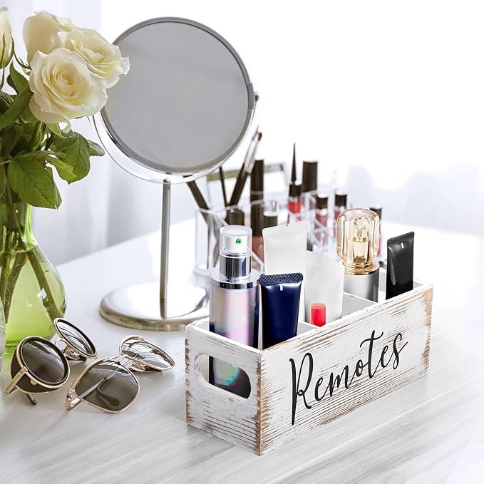 DRASTAR Remote Control Holder, 3 Slots Wood Remote Storage Caddy, Remote Control Organizer Retro White