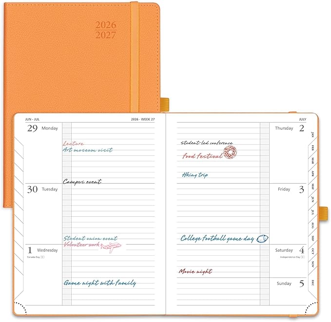 POPRUN Planner 2026-2027 (Medium 6.75"x 8.75"), Horizontal Weekly Notebook Jul.2026 - Jun.2027, Academic Appointment Book with Monthly Tabs, Leather Hardcover, Inner Pocket, 100 GSM - Orange