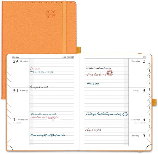 POPRUN Planner 2026-2027 (Medium 6.75"x 8.75"), Horizontal Weekly Notebook Jul.2026 - Jun.2027, Academic Appointment Book with Monthly Tabs, Leather Hardcover, Inner Pocket, 100 GSM - Orange