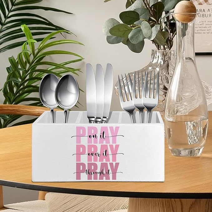 Pink Christian Bible Pen Pencil Holder Organizer for Desk Accessories, Pray on Over Through It Wooden Box Sign Desk Decor for Home Office Decoration, Christian Gifts for Women Men