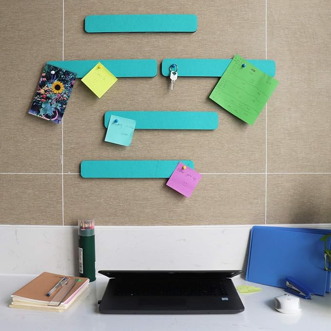 Felt Bulletin Board Bar Strip 0.5 Inch Thick Self-Adhesive Pin Board Bar 13 Inch in Length with 15 Pushpins, 5 Turquoise Bars