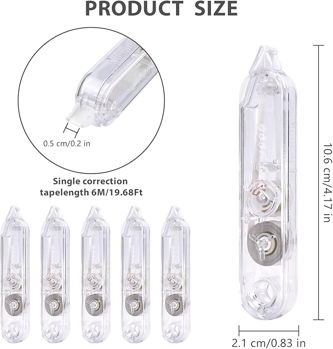 5-Piece Correction Tapes, Aesthetic Cute White Pull Out Tape, Quick Dry, Instant Correct, Easy to Use for School Office Supplies (Transparent)