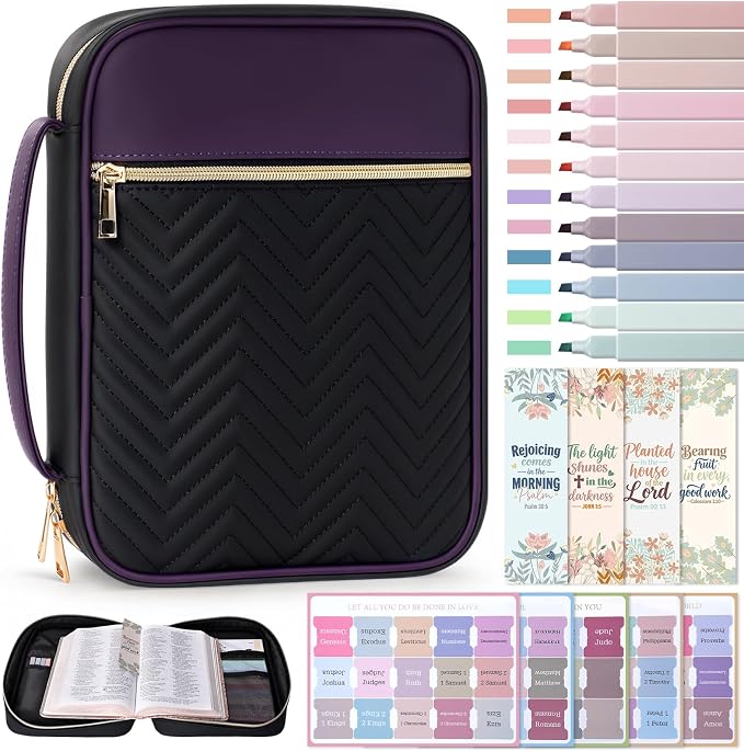 XKDOUS Quilted Leather Bible Cover Case for Women, Zippered Bible Carrying Bag with Study Supplies and Accessories, Waterproof Bible Organizer Holder for Church and Daily Use (Purple & Black)