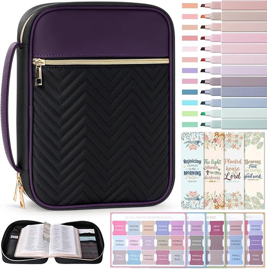 XKDOUS Quilted Leather Bible Cover Case for Women, Zippered Bible Carrying Bag with Study Supplies and Accessories, Waterproof Bible Organizer Holder for Church and Daily Use (Purple & Black)