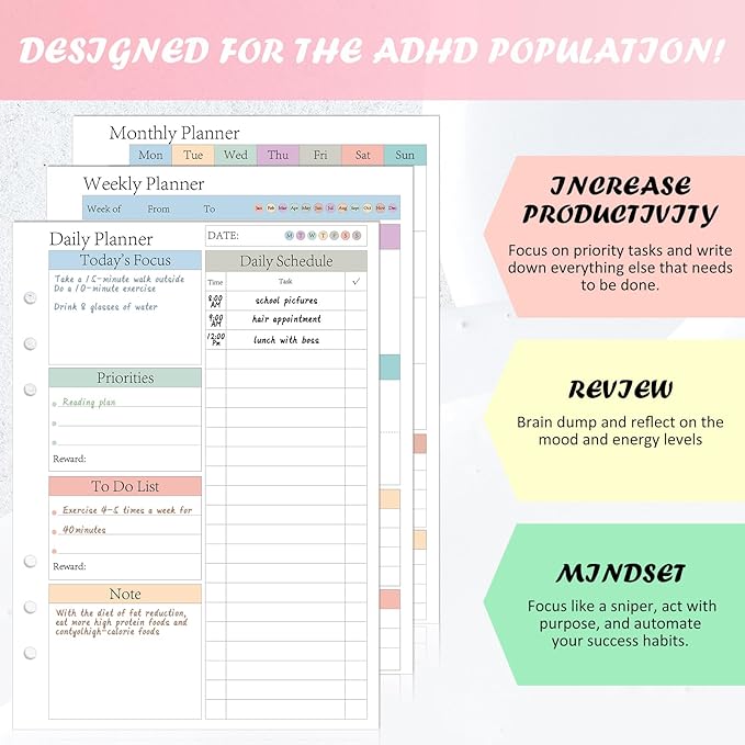 ADHD Planner Refill Pages for A5 Binders 240 Sheets/480 pages Planner Inserts Daily Weekly Monthly for 6 Ring Binder Undated Planners Refills Colorful To Do List Refill Paper 120 GSM Thick Loose Leaf Paper for 6 Months Neurodivergent Journal Productivi...